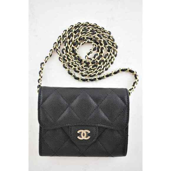Chanel 22C Black Caviar Mini Wallet On Chain Gold Card Shoulder Crossbody Bag - Picture 1 of 10